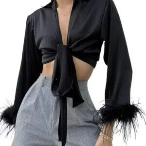 RUMOURS BLACK FEATHER SILK BLOUSE SHIRT TOP - SMALL